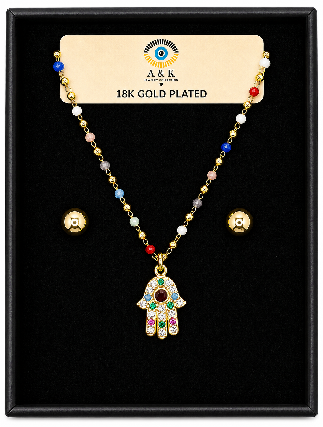 18K Gold Plated Hamsa Necklace & Stud Earrings Set