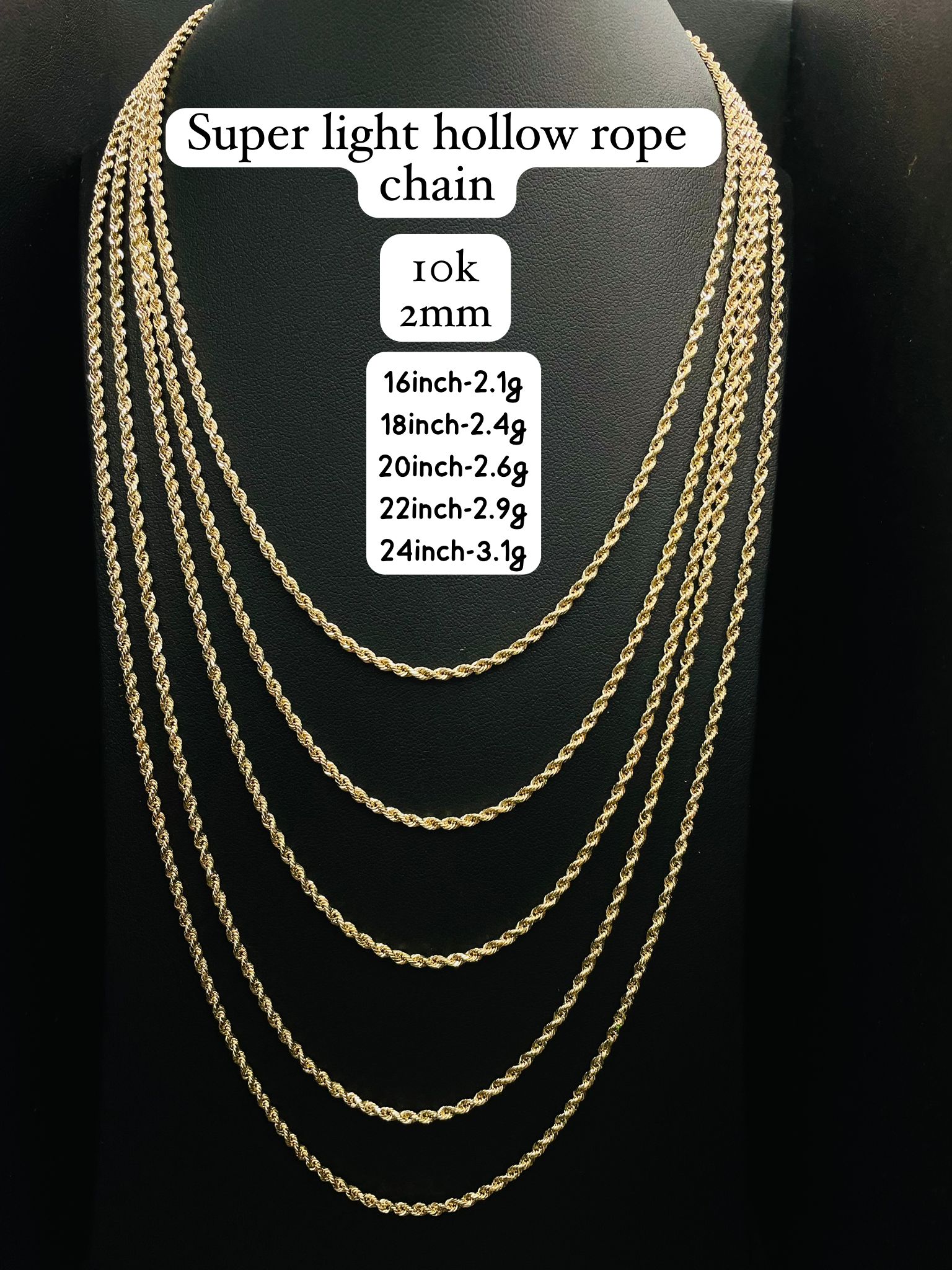 10K SUPER LIGHT HOLLOW ROPE CHAINS/ BRACELETS